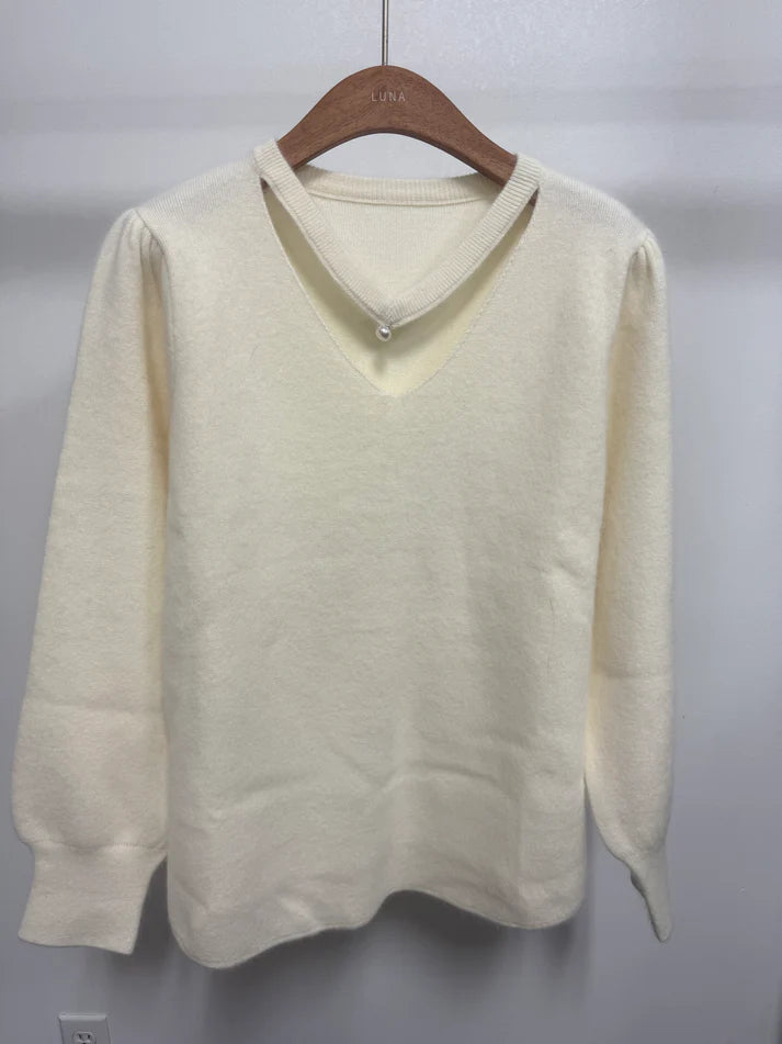 Pearl-Accent Cutout V-Neck Sweater - Cream