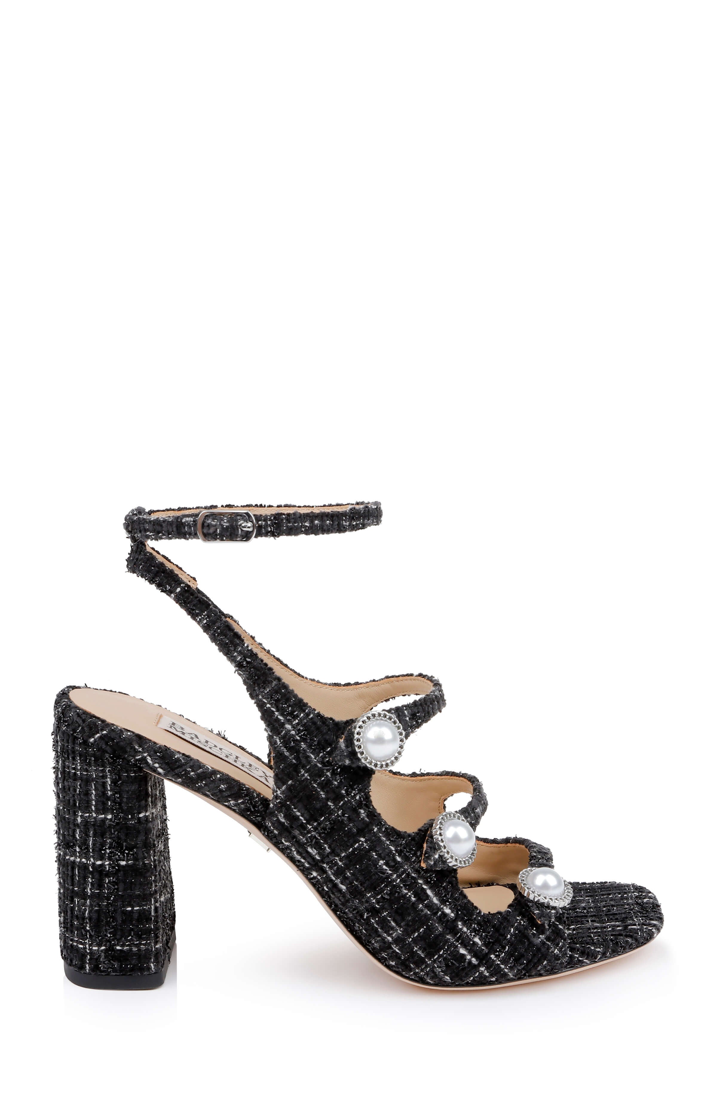 Vella Tweed Pearl Embellished Block Heel Sandals