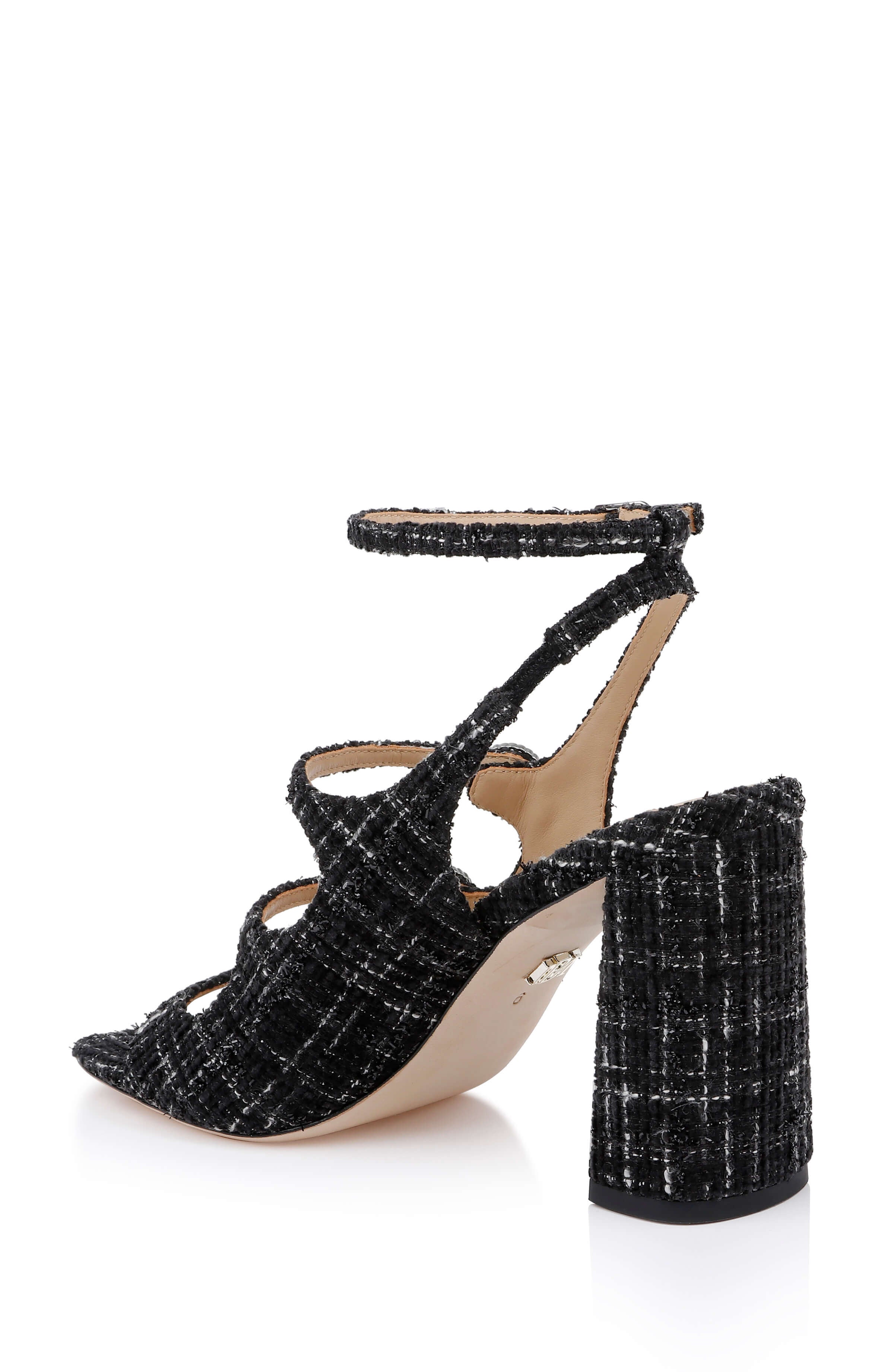 Vella Tweed Pearl Embellished Block Heel Sandals