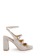 Vella Tweed Pearl Embellished Block Heel Sandals