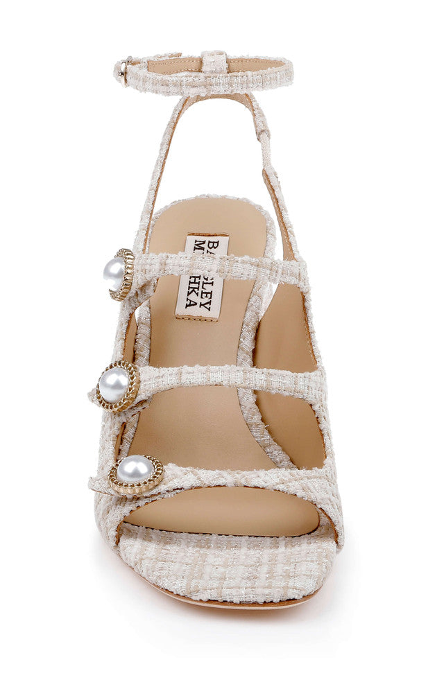 Vella Tweed Pearl Embellished Block Heel Sandals