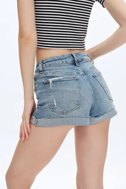 Siri Mid Rise Distressed Rolled Hem Denim Shorts